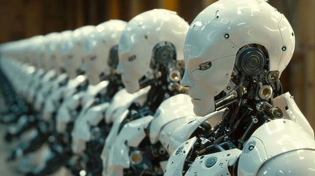 A row of white robots lined up in a line