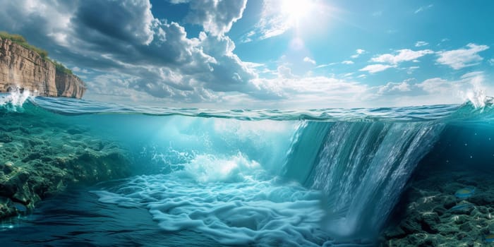 A view of a waterfall in the ocean with clouds and water