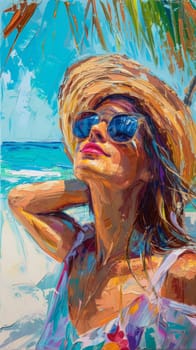 A painting of a woman wearing sunglasses and hat on the beach