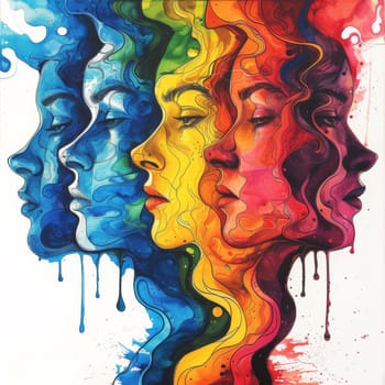 A painting of three faces with different colors and patterns
