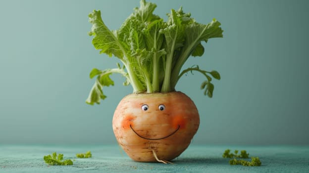 A Turnip with a face drawn on it sitting in front of green background