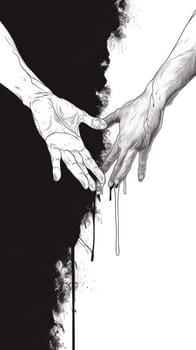 A drawing of two hands reaching for each other with black paint splattered on them