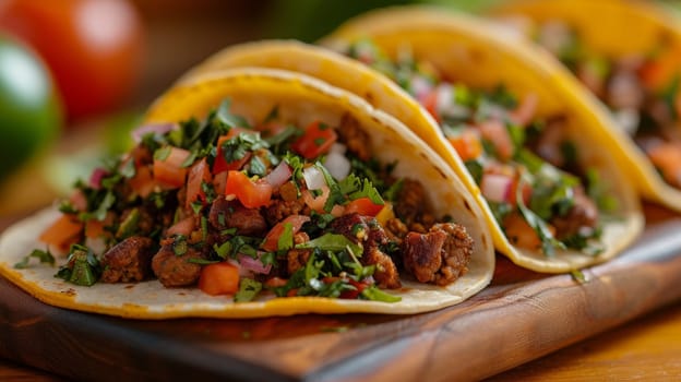 Three tacos with meat and vegetables on a wooden cutting board