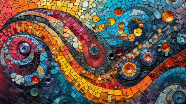 A colorful mosaic art piece with many different colors and shapes