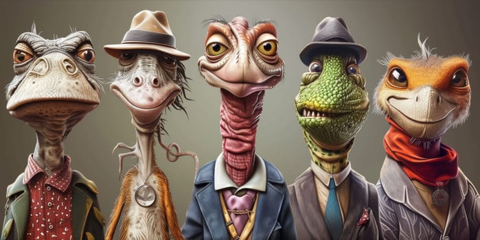 A group of cartoon characters wearing hats and suits with different facial expressions