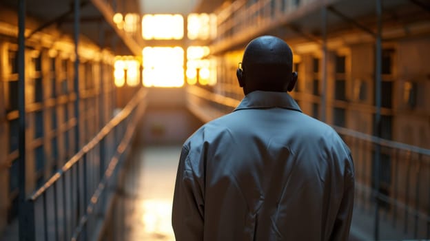 A man in a prison cell looking out the window at sunlight