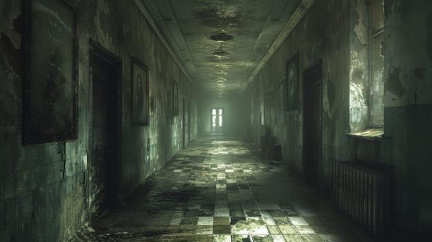 A long hallway with many windows and a light on the floor