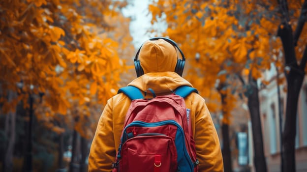 A person wearing a backpack and headphones walking down the street
