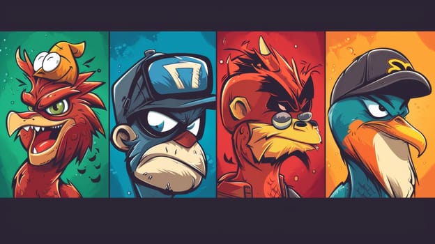 A series of angry birds characters are shown in a colorful poster