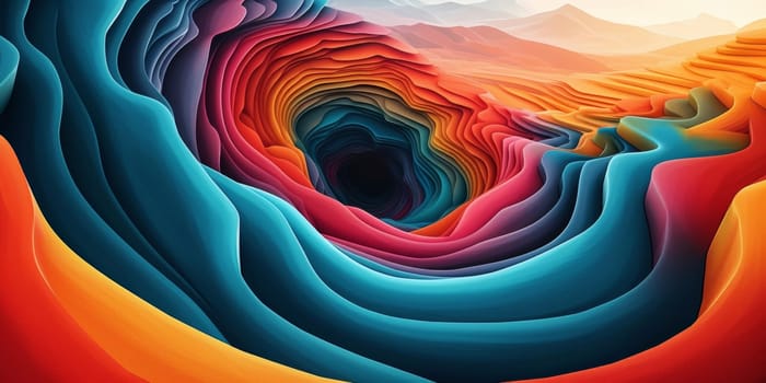 A colorful abstract painting of a large hole in the ground