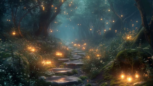 A path through a forest with lit candles and stones