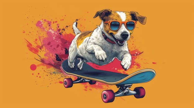 A dog with sunglasses riding a skateboard on an orange background