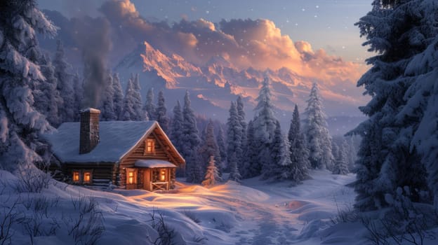 A snowy scene of a cabin in the woods with trees