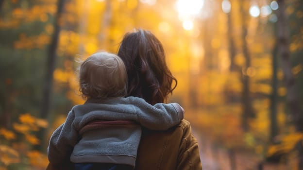 A woman holding a child in her arms walking through the woods