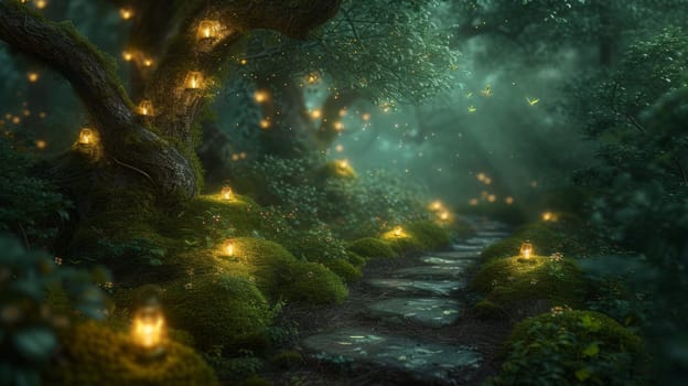 A path through a forest with fairy lights and moss