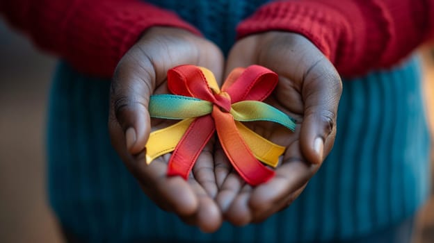 A person holding a small colorful ribbon in their hands