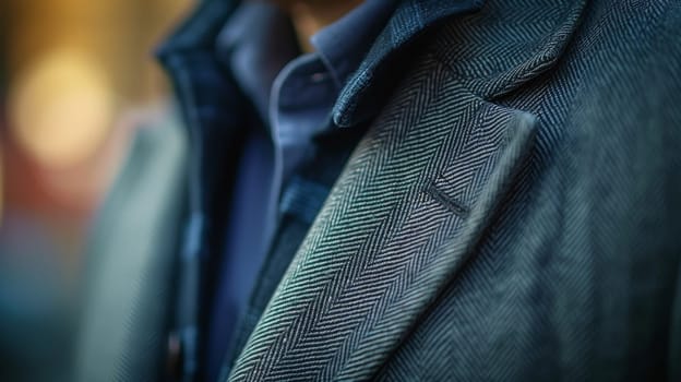 A close up of a man's jacket with the collar open