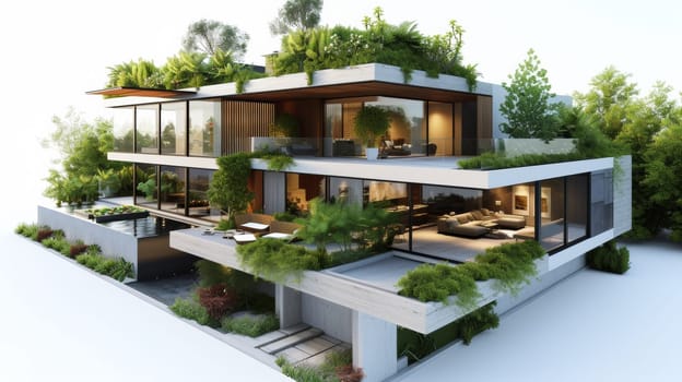 A 3d rendering of a modern house with plants on the roof