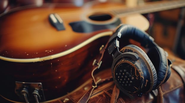 A guitar and headphones sitting on a brown leather bag