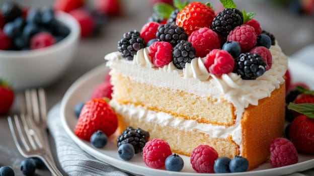 A piece of a cake with berries and whipped cream on top