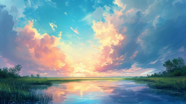 A painting of a beautiful sunset over the water