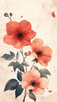 A painting of a flower with leaves and red petals