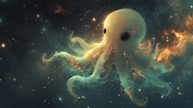 An octopus is floating in space with stars and galaxies around it