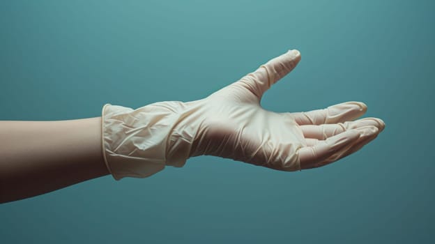 A person wearing a latex glove on their hand with the palm facing up