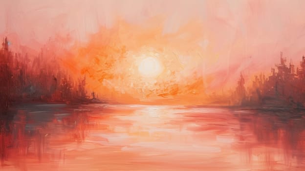 A painting of a sunset over water with trees in the background