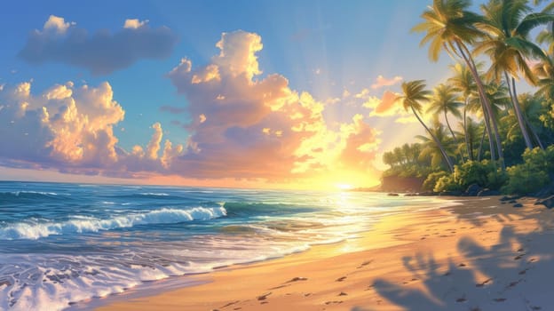 A beautiful sunset on a beach with palm trees and water