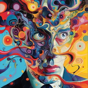 A painting of a man with his face painted in swirls