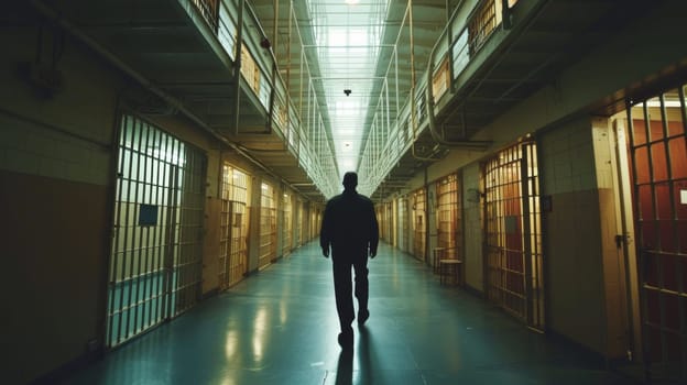 A man walking down a hallway in jail cells