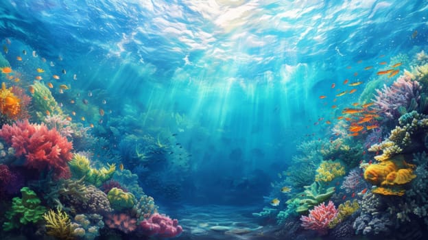 An underwater scene with a coral reef and sunlight