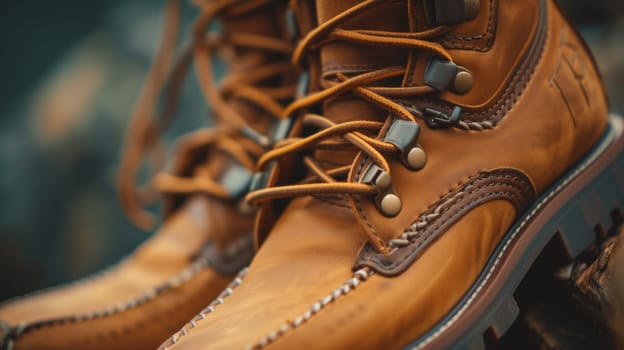 A close up of a pair of brown boots sitting on top of some rocks