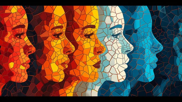 A mosaic of a group of women with different colored faces