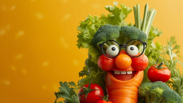 A carrot with glasses and a nose made of vegetables