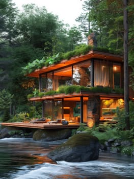 A house on a cliff overlooking the water with plants growing out of it