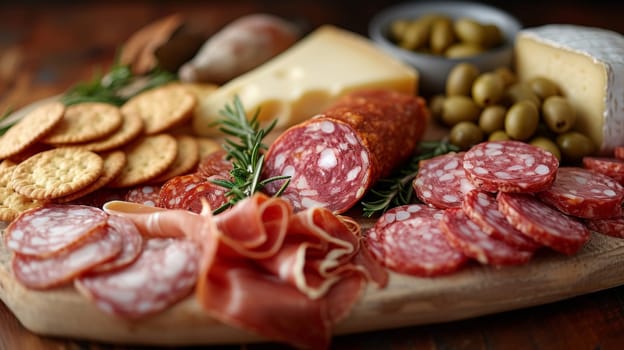 A wooden cutting board with a variety of meats and cheese