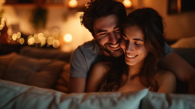 A man and woman laying on a bed smiling at each other