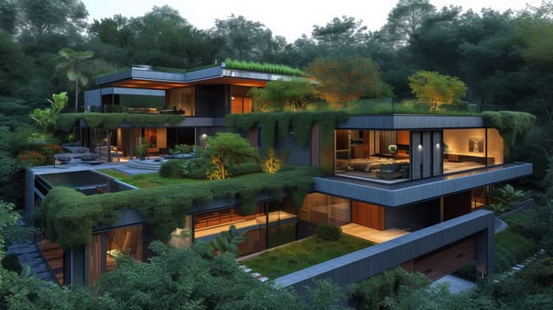 A house with a green roof and lots of plants