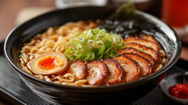 A bowl of ramen with meat and an egg on top