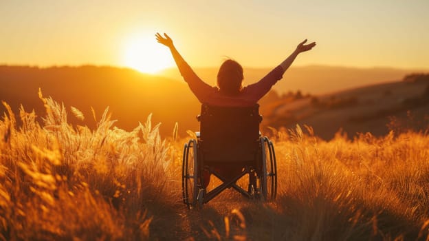 A woman in a wheelchair with her arms up at sunset