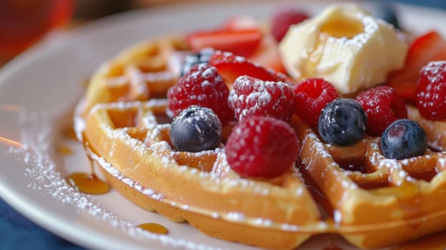 A waffle with berries and whipped cream on a plate