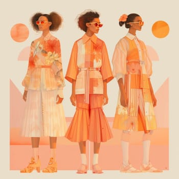 Three women in orange and white dresses standing next to each other