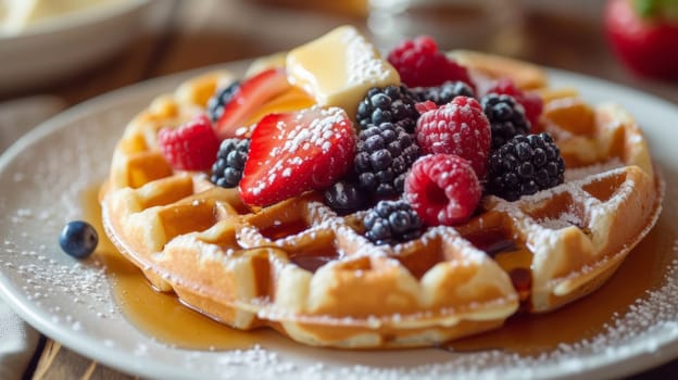 A waffle with berries and powdered sugar on a plate