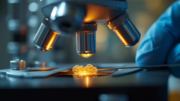 A close up of a microscope looking at something on the table