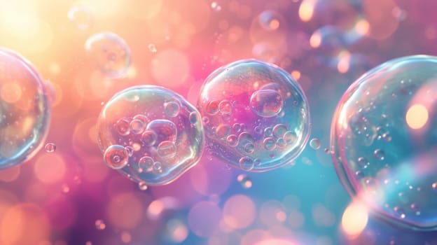 A close up of bubbles floating in a colorful background