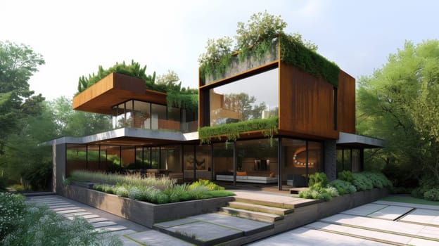 A modern house with a large garden on the roof