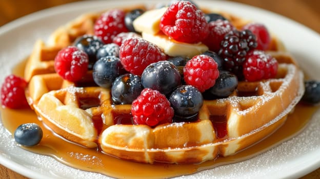 A waffle with berries and powdered sugar on a white plate