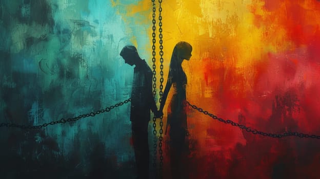 A painting of a couple chained together with chains